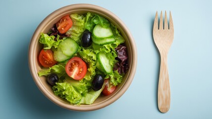 A brightly lit, minimalist overhead shot of a fresh, healthy salad in a round, natural brown paper bowl, suitable for takeaway or an eco-friendly meal.