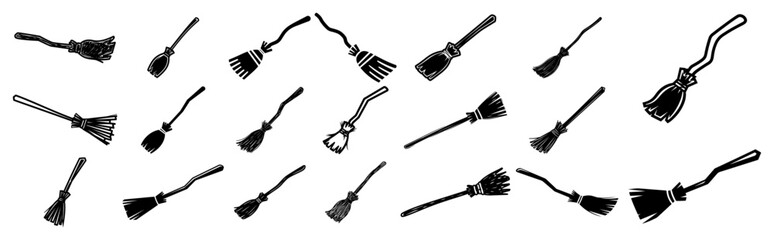 Hand-Drawn Witch Broom Icon Set – Sketch Vector Broomstick Collection