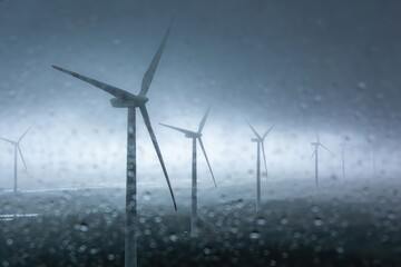 Wind Turbine Cluster in Foggy Landscape, Clean Energy Facility & Misty Natural Scene for Renewable Energy & Eco Themes