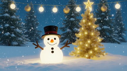 A charming, illuminated snowman wearing a top hat stands next to a brightly lit golden Christmas tree adorned with a star topper and string lights. 
