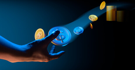 hand of businessman interactive touching a holographic financial money dollar system network and technology, success of trading innovation