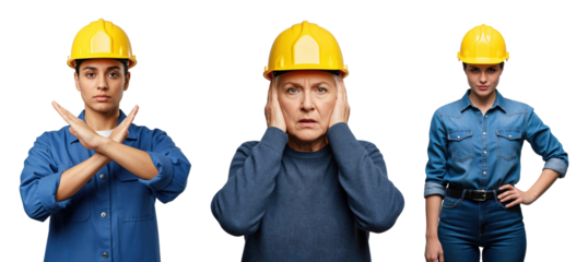 Three Women in Construction Helmets Expressing Different Emotions: Concern, Defiance, and Determination Against a transparent background