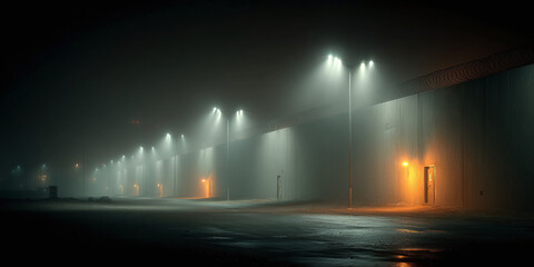 Streetlights illuminating a foggy night street with wet pavement reflecting the warm glow