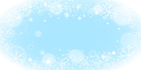 Christmas Frame with Hand Drawn Snowflakes, Festive Background, Glowing Stars and Bokeh, Vector