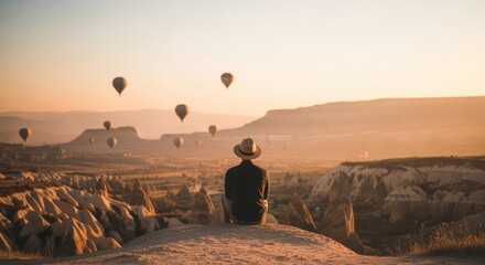 Traveler Watching Hot Air Balloons at Sunrise in Cappadocia. Silhouette of a man sitting on a hill enjoying the vast, breathtaking valley view at golden hour.