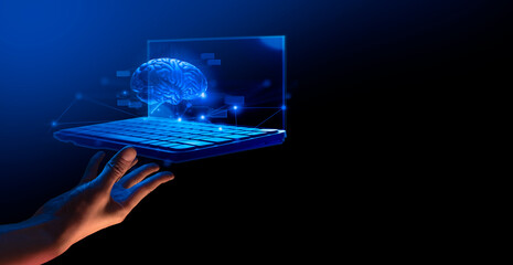 hand of businessman interactive touching a holographic artificial intelligence brain system network and technology