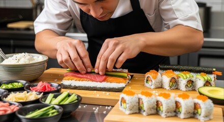 Skilled chef meticulously crafting vibrant sushi rolls with fresh ingredients in a professional kitchen