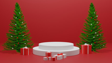 3D Podium Render for Christmas with tree, gift boxes, ribbon, product, perfume, promotion sale, presentation