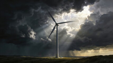 Wind Turbine Under Dark Clouds, Clean Energy Facility & Dramatic Natural Landscape for Energy Themes & Ambient Designs