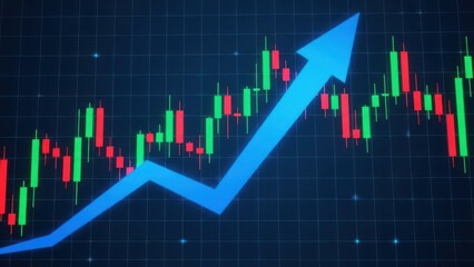 Futuristic Financial Growth Concept Featuring a Rising Blue Arrow Over a Candlestick Stock Market Chart Illustrating a Bullish Trend and Economic Success
