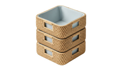 Isolated stack of rattan storage boxes or trays, perfect for home organization or decor use