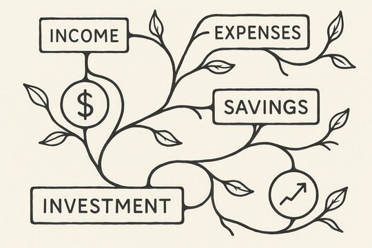 sustainable retirement plan concept. Financial flowchart illustrating income, expenses, savings, and investments. - Powered by Adobe