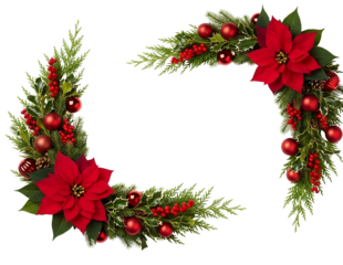 Christmas corner decoration with poinsettias and pine cones isolated on transparent background