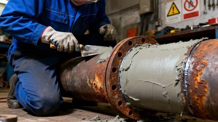 Technician carefully patching a corroded pipe section using a specialized cementitious compound