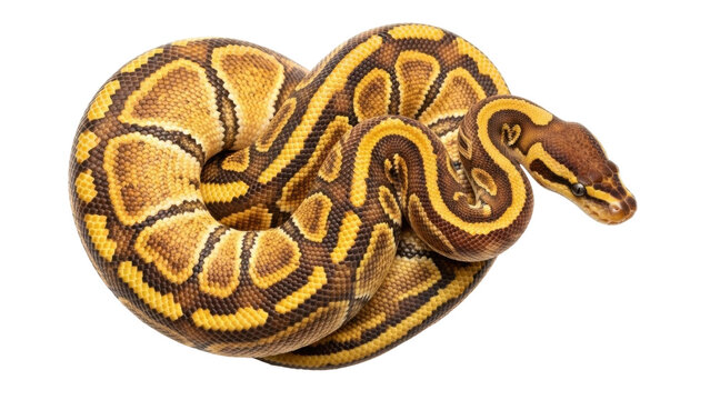 Isolated, golden ball python in a coil on a seamless backdrop, beautiful royal python snake
