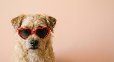 Adorable terrier dog wearing red heart-shaped sunglasses against a soft peach background, radiating love and charm