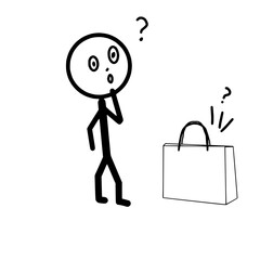Confused Stick Figure Thinking with Shopping Bag and Question Marks