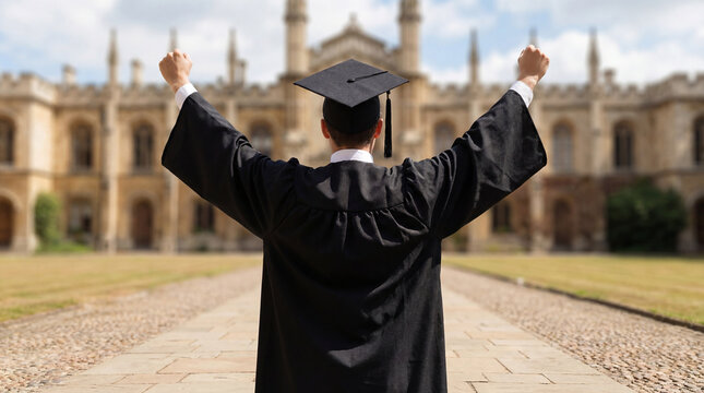 Back View of Happy Graduate Student Cheering with Raised Hands