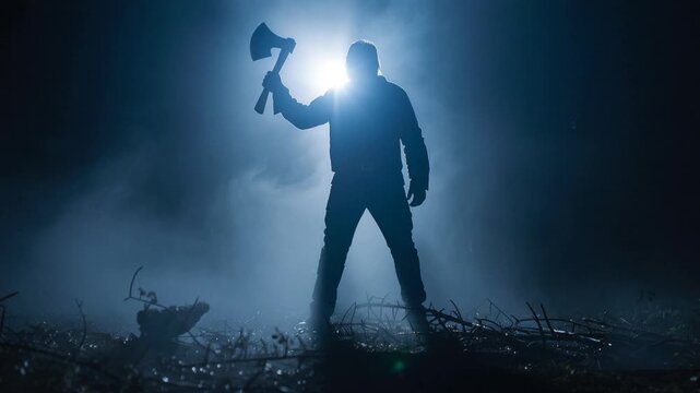 Mysterious silhouette holding lantern emerges from fog in dark atmospheric forest creating suspenseful horror movie scene with dramatic backlighting. Criminal with an axe