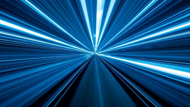 Blue tunnel of light streaks stretching toward vanishing point in dynamic fast-paced futuristic motion blur environment