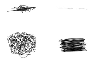 Four abstract black ink scribbles and doodles isolated on transparent background