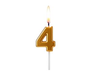 Golden number 4 birthday candle with flame isolated on transparent background