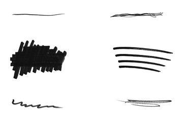 Set of six black handdrawn marker strokes and scribbles isolated on transparent background