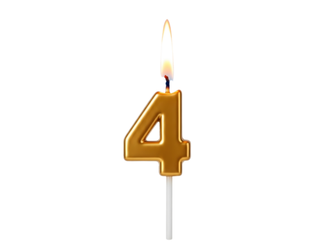 Golden number 4 birthday candle with flame isolated on transparent background - Powered by Adobe