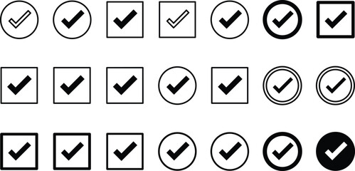 Collection of various check mark icons in circle and square shapes representing approval, confirmation, validation, success, and completed tasks in vector design © MD