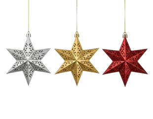 Three festive star ornaments in silver gold and red isolated on transparent background
