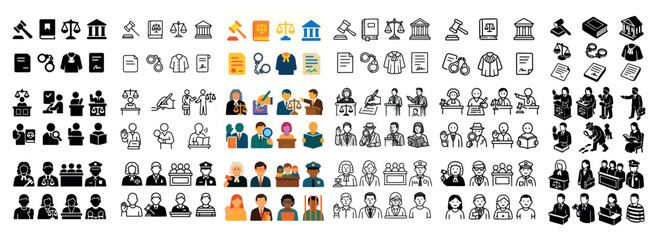 Legal and judicial icons collection in various styles