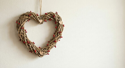 Rustic heart-shaped wreath with red berries hanging on a white wall, a symbol of love and Valentine's Day