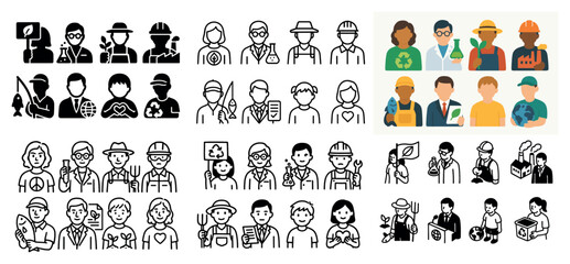 Diverse professions icons set in black and color