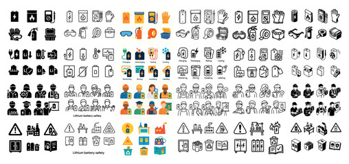 Obraz premium Icons of safety equipment and battery precautions