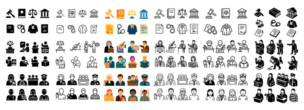 Legal and judicial icons collection in various styles