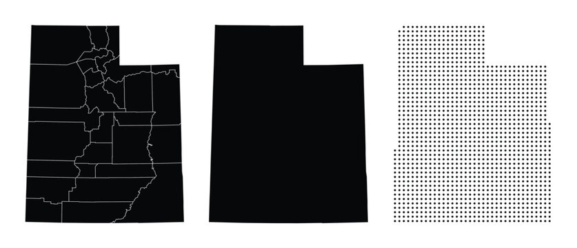 Three Utah State Maps Vector Illustration Showing Boundaries and Dots