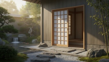 Traditional Japanese shoji sliding exterior door with natural wood grid frame and washi paper panels