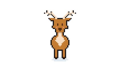 a charming pixel art depiction showcases a stylized brown reindeer with prominent antlers and a white chest patch standing centrally on a white background high quality