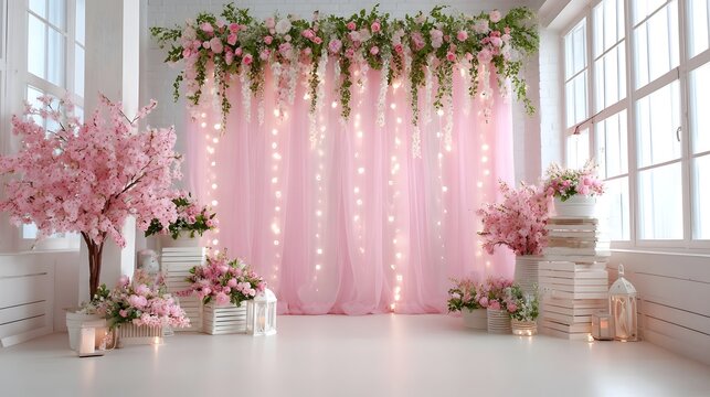 An elegant and romantic studio backdrop featuring abundant pink floral arrangements cascading fairy lights and soft pink sheer drapery perfect for celeb ns