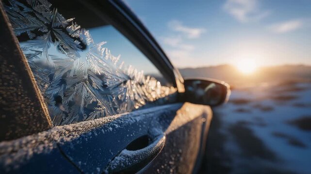 197Car handle completely iced over with translucent layers, warm sunlight highlighting textures, showcasing cold-weather car issues and product solutions for thawing