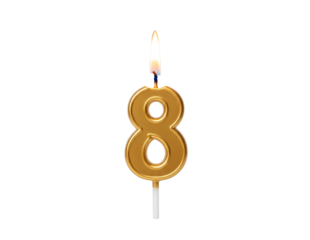 Golden number 8 birthday candle with flame isolated on transparent background