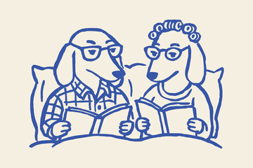 Dachshund couple reading in bed cartoon sketch vector illustration