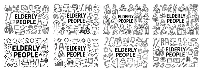 Elderly people icons and daily activities illustration