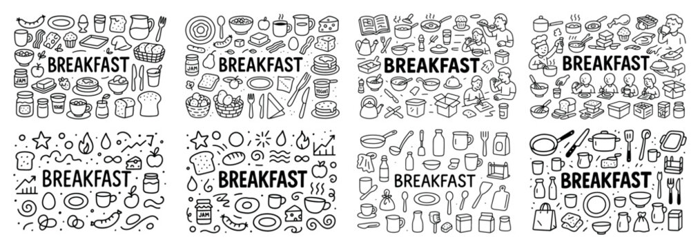 Hand-drawn breakfast doodles with food items