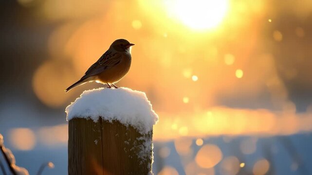 Winter's Embrace: A delicate bird perches atop a snow-dusted wooden post, silhouetted against a radiant sunrise, a serene display of winter's gentle beauty.