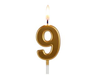 Golden number nine candle with flame isolated on transparent background