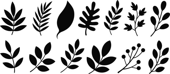 Collection of silhouetted leaves and botanical branch elements
