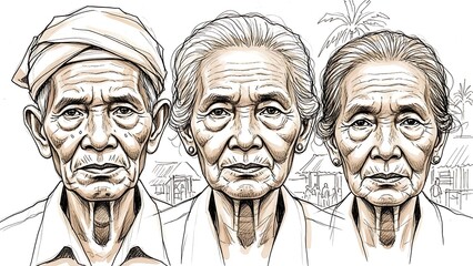 Trio of Elderly Faces - A Study in Lines and Wisdom.