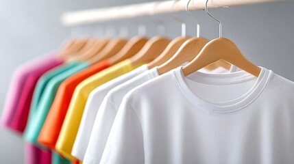 Collection of neatly organized casual t shirts in bright colors displayed on wooden hangers against a soft neutral background ideal for fashion or retail concepts
