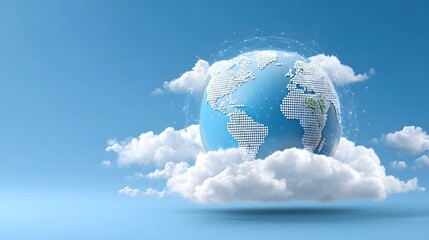Stylized digital Earth globe suspended amidst fluffy clouds in a bright blue sky representing futuristic network connections and global data access